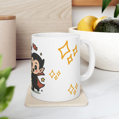 Cute Halloween Friends Ceramic Mug — Ghost, Pumpkin & Vampire Coffee Cup (11oz/15oz)