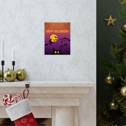 Happy Halloween Matte Poster — Cute Cat, Witch & Jack-O’-Lantern Halloween Wall Art