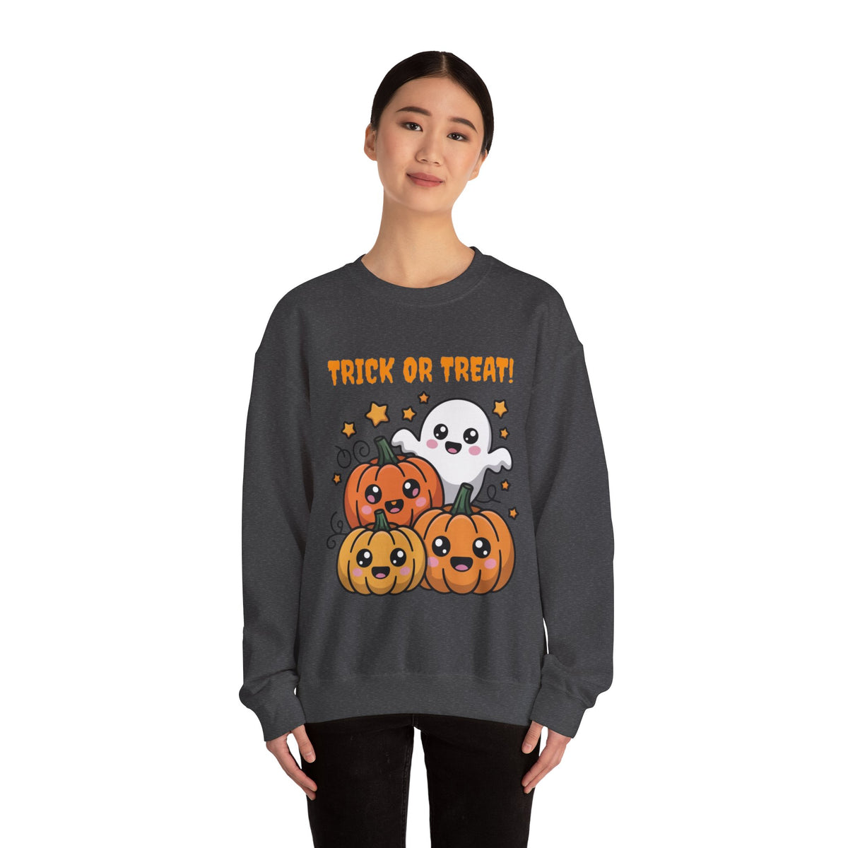 Halloween "Trick or Treat" Sweatshirt — Cute Ghost & Pumpkins Crewneck