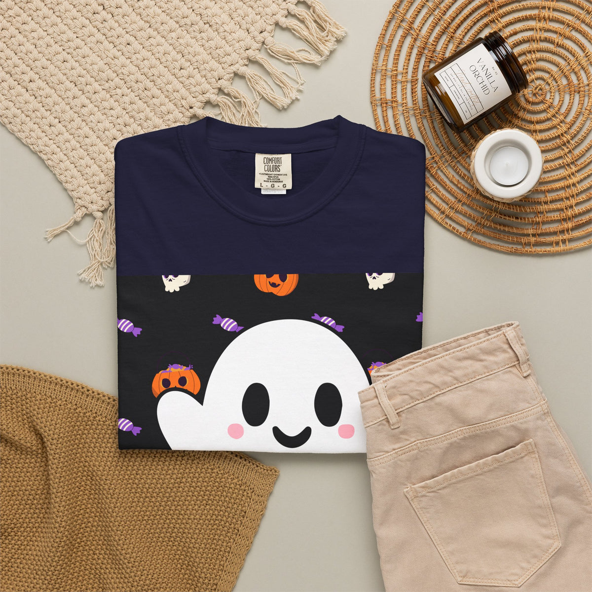 Ghost Pattern T-Shirt — Cute Halloween Pumpkin & Candy Tee