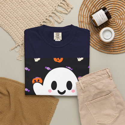 Ghost Pattern T-Shirt — Cute Halloween Pumpkin & Candy Tee