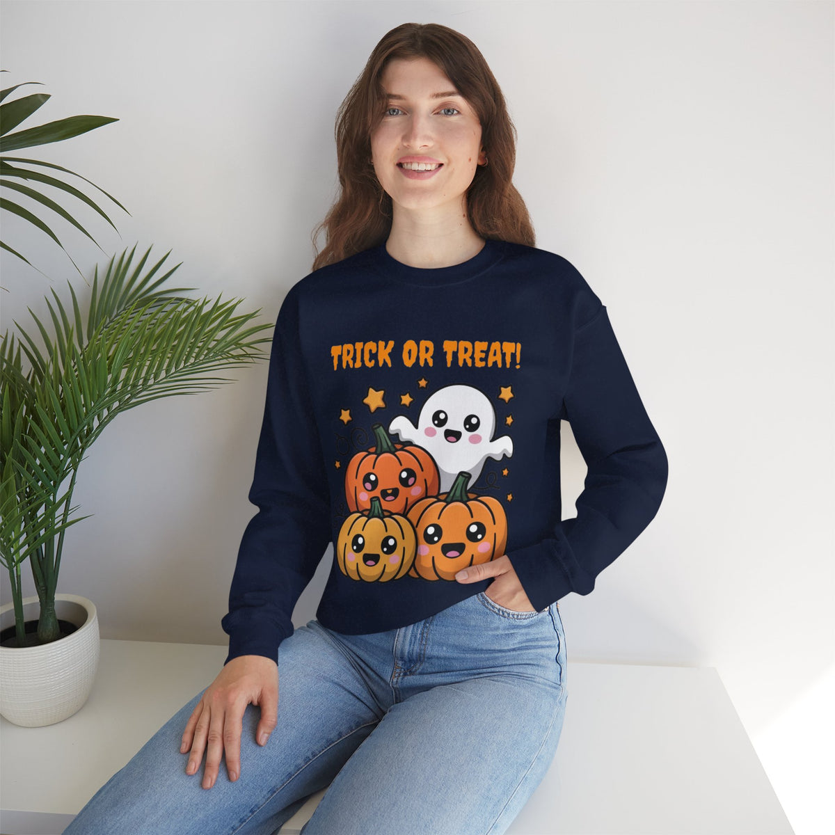 Halloween "Trick or Treat" Sweatshirt — Cute Ghost & Pumpkins Crewneck