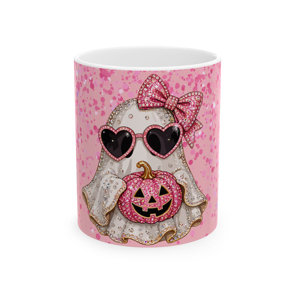 Pink Glitter Ghost Halloween Mug — Cute Ghost with Heart Sunglasses & Pumpkin