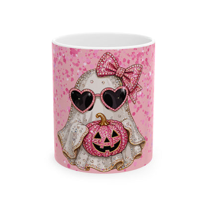 Pink Glitter Ghost Halloween Mug — Cute Ghost with Heart Sunglasses & Pumpkin