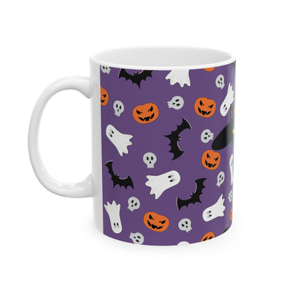 Halloween Black Cat Mug — Cute Witch Cat, Ghosts & Pumpkins Ceramic Coffee Cup (11oz/15oz)