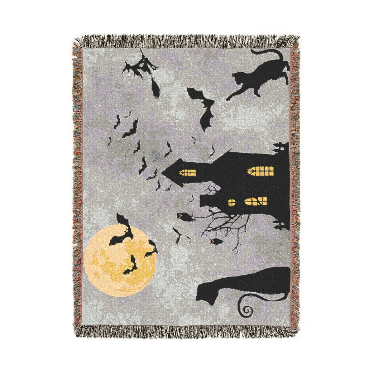 Haunted House Halloween Woven Blanket — Spooky Moon & Bats Throw