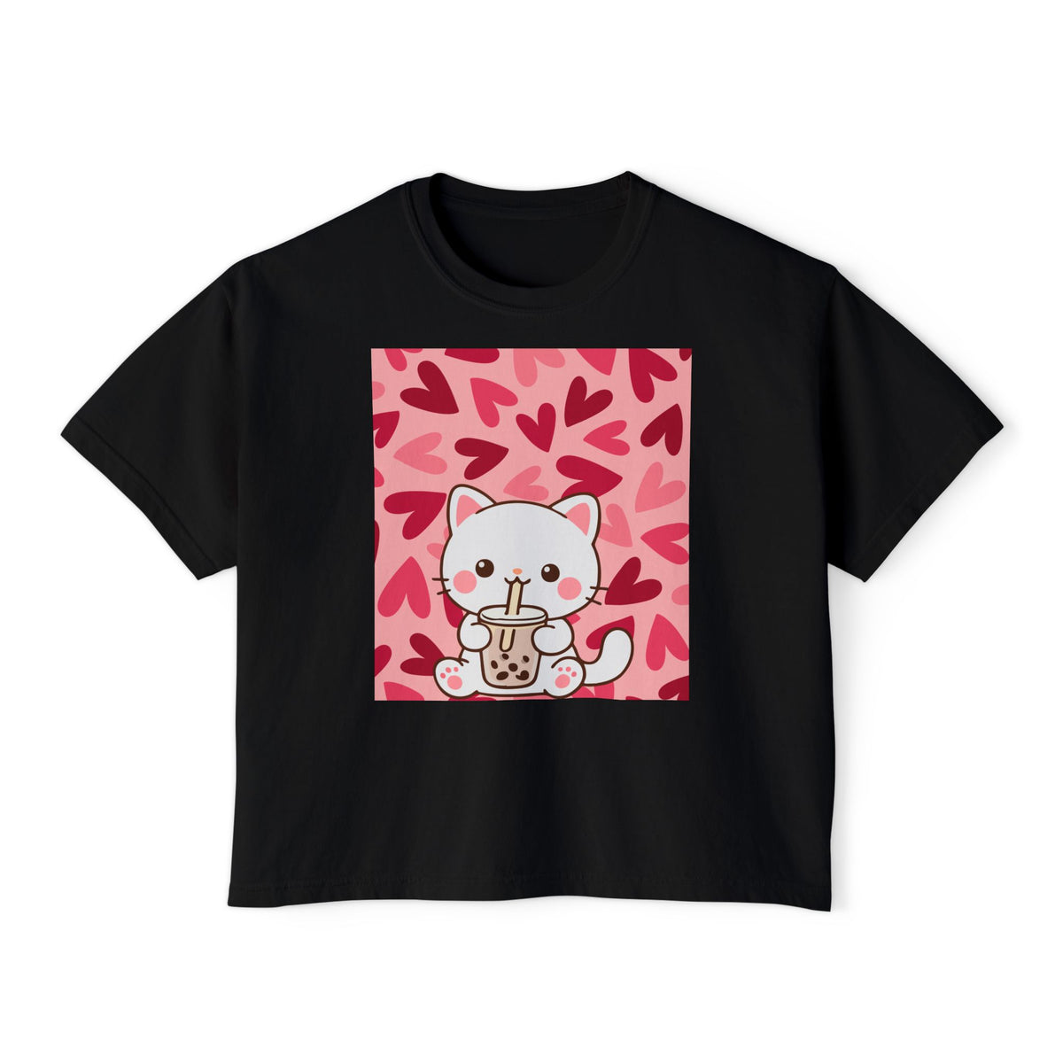 Cute Cat Bubble Tea Boxy Tee — Kawaii Heart Graphic Women's Crop T‑Shirt