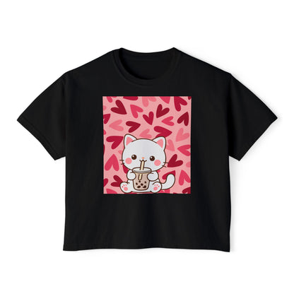 Cute Cat Bubble Tea Boxy Tee — Kawaii Heart Graphic Women's Crop T‑Shirt