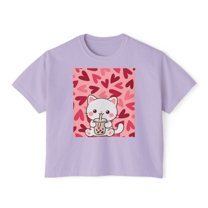 Cute Cat Bubble Tea Boxy Tee — Kawaii Heart Graphic Women's Crop T‑Shirt