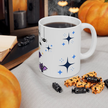 Halloween Cute Bat Ceramic Mug (11oz & 15oz) — Kawaii Purple Bats & Spiders