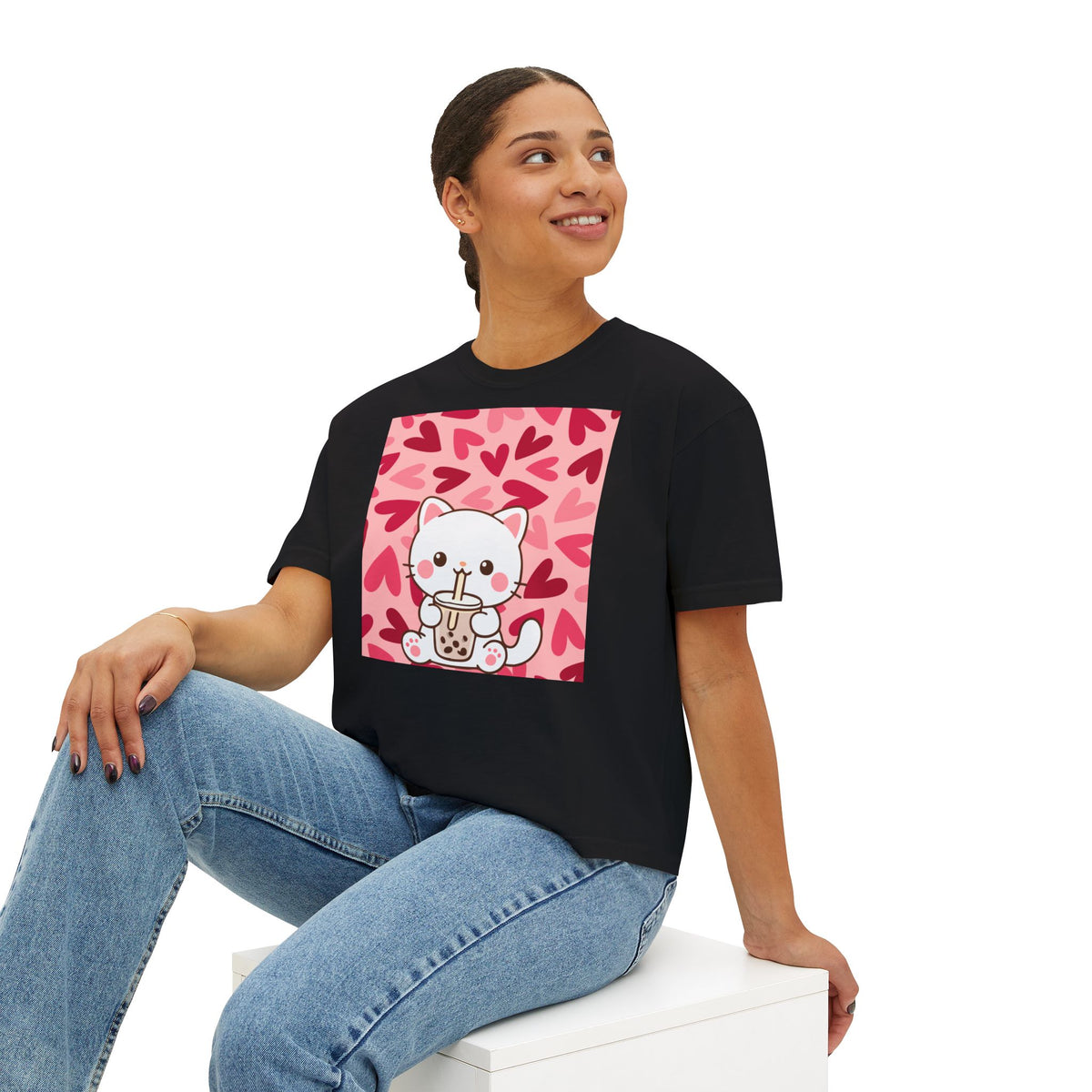 Cute Cat Bubble Tea Boxy Tee — Kawaii Heart Graphic Women's Crop T‑Shirt