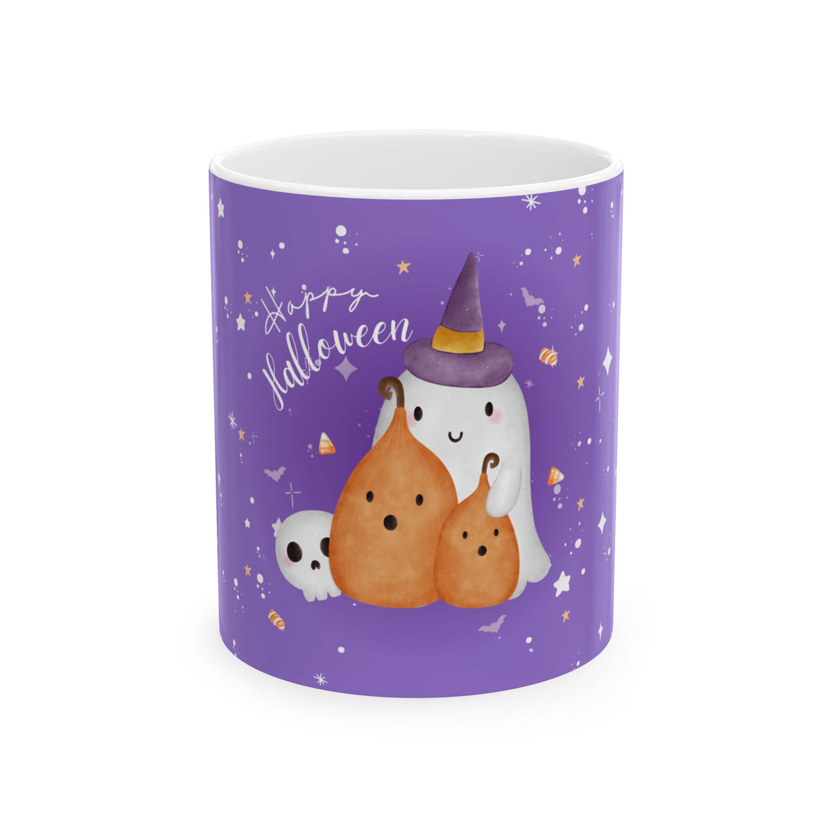 Halloween Ghost & Pumpkins Ceramic Mug — "Happy Halloween" Cute Spooky Coffee Cup (11oz/15oz)