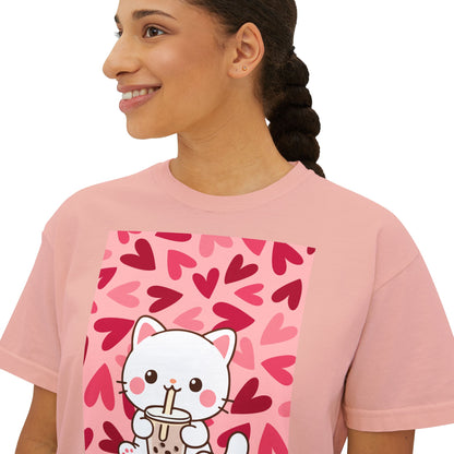 Cute Cat Bubble Tea Boxy Tee — Kawaii Heart Graphic Women's Crop T‑Shirt