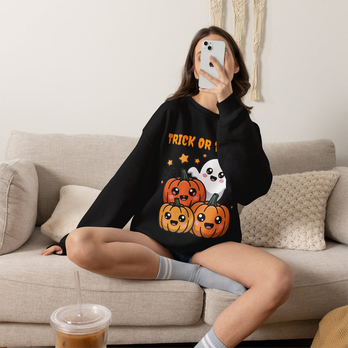 Halloween "Trick or Treat" Sweatshirt — Cute Ghost & Pumpkins Crewneck