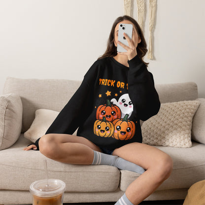Halloween "Trick or Treat" Sweatshirt — Cute Ghost & Pumpkins Crewneck
