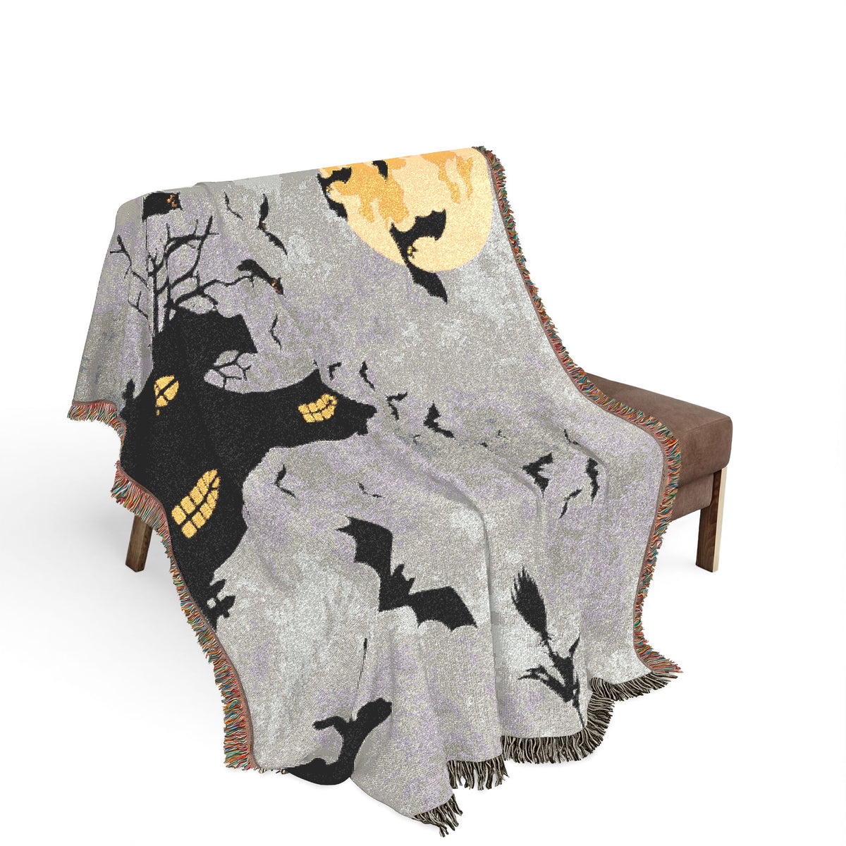 Haunted House Halloween Woven Blanket — Spooky Moon & Bats Throw
