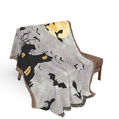 Haunted House Halloween Woven Blanket — Spooky Moon & Bats Throw