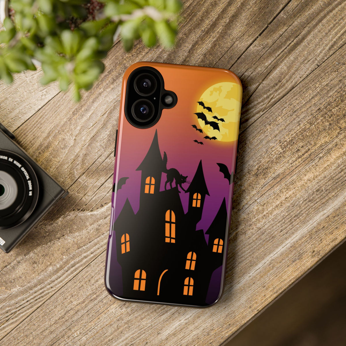 Halloween Haunted Castle Tough Phone Case — Moon, Bats & Cat iPhone Cover