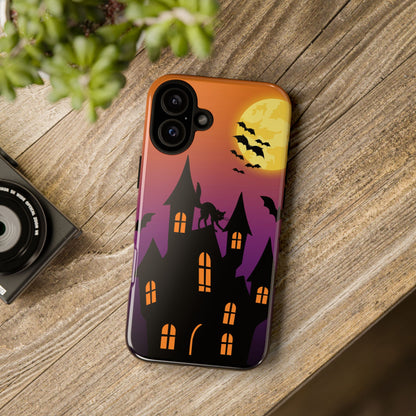 Halloween Haunted Castle Tough Phone Case — Moon, Bats & Cat iPhone Cover